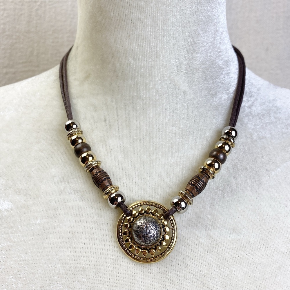 Vintage 90s Liz Claiborne tribal beaded necklace on brown cord
